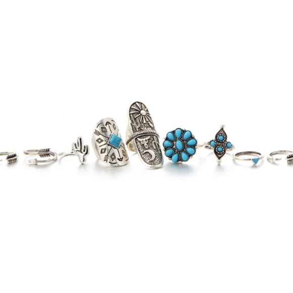 9 Pcs Boho Silver Turquoise Ring Set Gypsy NEW - Picture 2 of 4